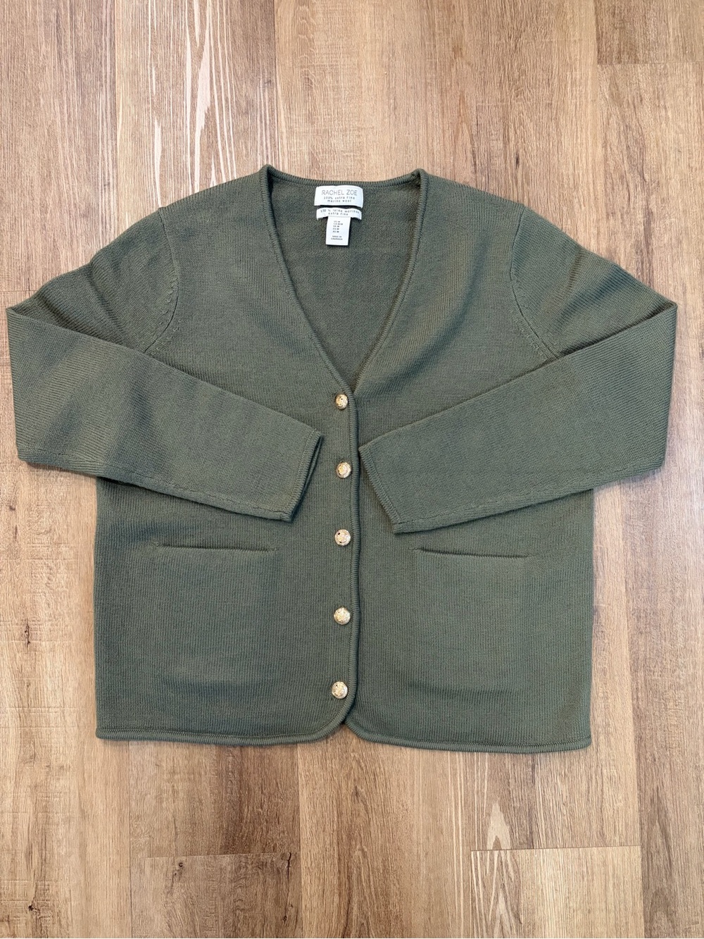 Rachel Zoe 100% Extra Fine Merino Wool Sage Green Cardigan Quiet Luxury Sz Med